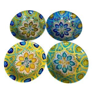 4 LAURIE GATES MOROCCAN BOHO MELAMINE CEREAL SOUP BOWL BLUE YELLOW GREEN 8.75